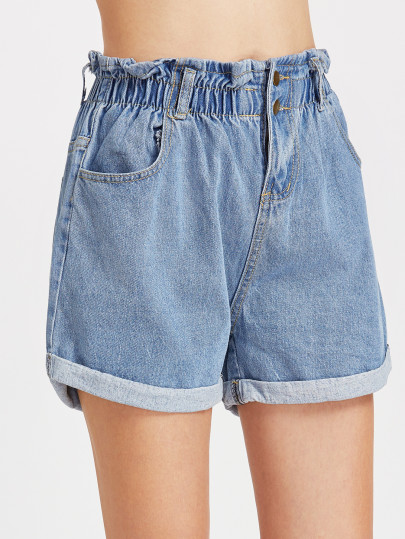 elastische Taille Shorts in Denim gerafft - blau