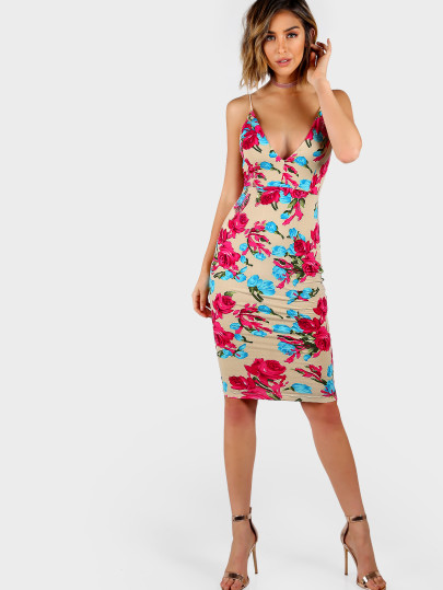 Plunging Backless Flower Print Cami Dress