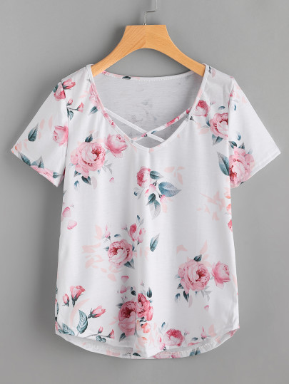 Floral Print Crisscross Front Tee