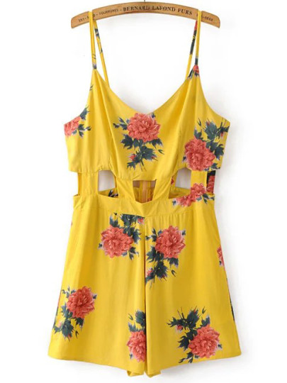 Flower Print Cut Out Romper With Zipper