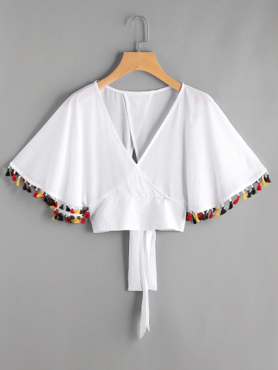 Wrap V Neckline Fringe Trim Tie Back Top