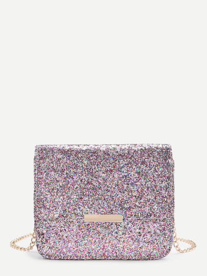 Metal Detail Sequin Flap Bag With Chain