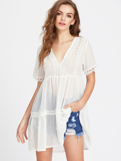 Lace Trim Semi Sheer Tiered Babydoll Dress