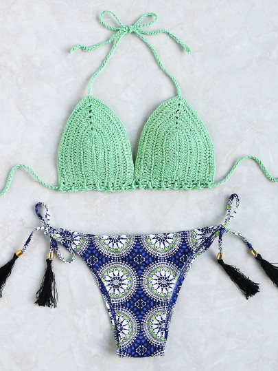 Ensemble imprimé de bikini en crochet imprimé Tassel Tie