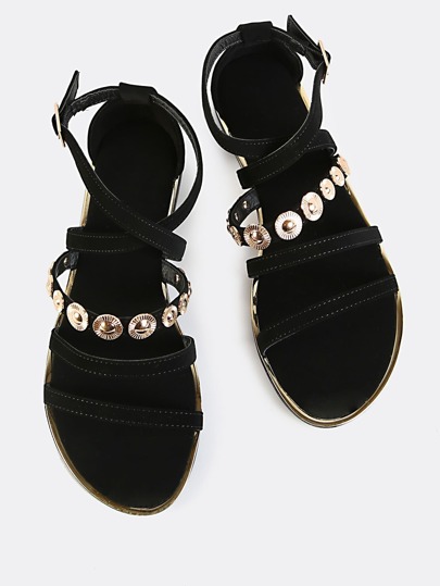 Strappy Open Toe Coin Flat Sandals BLACK