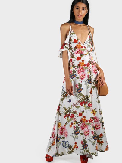 Maxi Ruffle Wrap Print Dress WHITE
