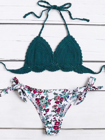 Bikini Set mit Kattun Muster,Häkelbesatz und Seite Träger