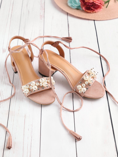 Faux Pearl And Studded Decorated Lace Up Sandals