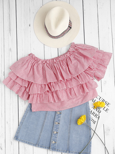 Striped Layered Flounce Off The Shoulder Top