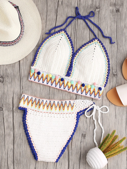 Chevron Pattern Pom Pom Trim Crochet Halter Bikini