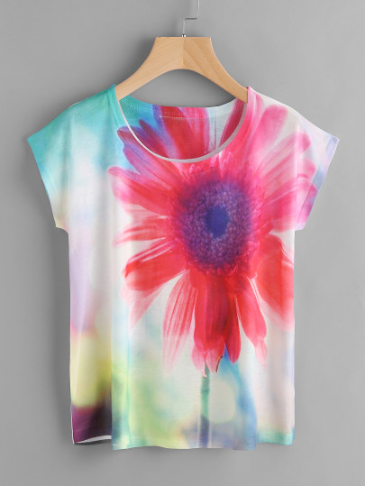 Camiseta de manga de casquillo con estampado de flor