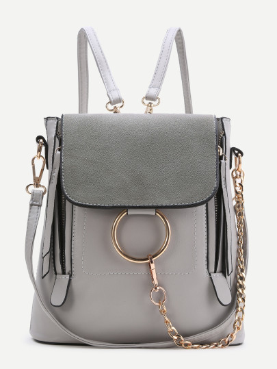 Mochila pu con diseño de anillo con correa convertible - gris