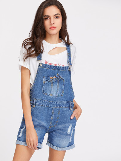 Ripped Rolled Hem Denim Overall Shorts