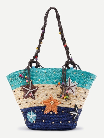 Color Block Beaded Detail Straw Bag