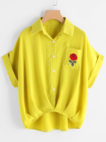 Cuffed Rose Embroidered Dip Hem Shirt With Chest Pocket