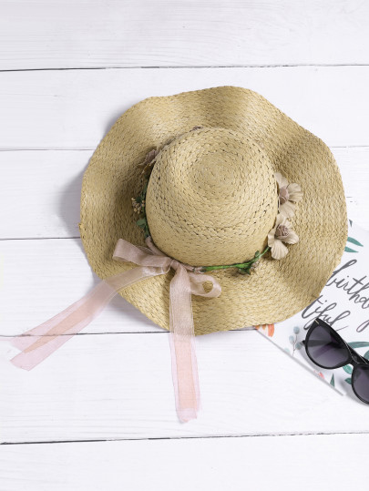 Sombrero de paja playero aplique de flor con lazo
