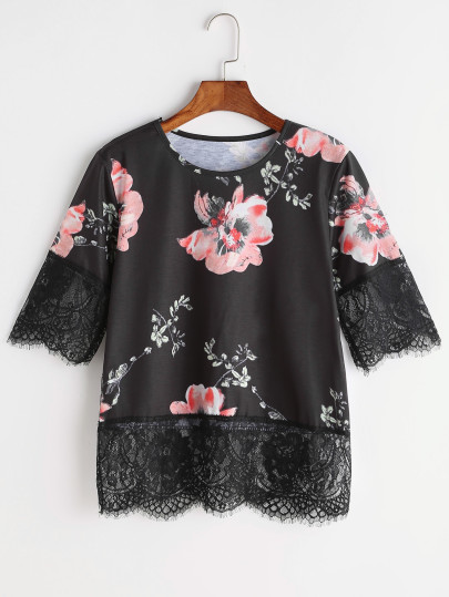Florals Eyelash Lace Trim Tee
