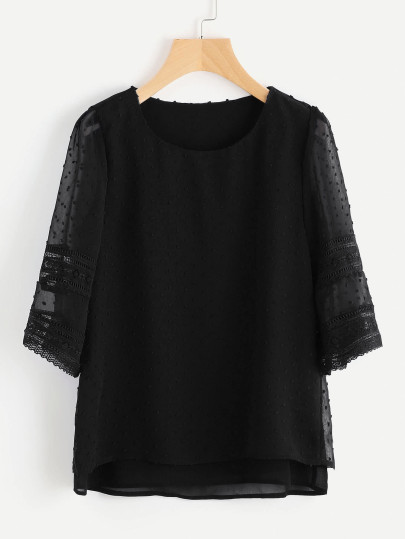 Blouse mousseline incrustée creuse en dentelle