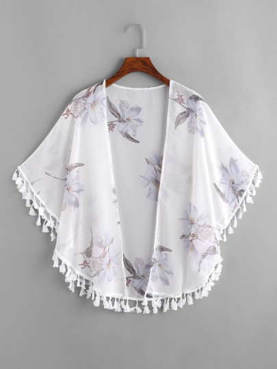 Kimono découpé imprimé fleuri avec des franges