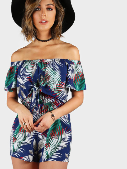 Palm Leaf Print Layered Knot Front Open Back Playsuit