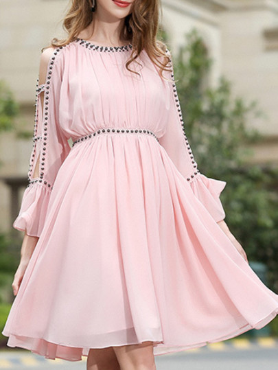 Open Shoulder Beading Bell Sleeve Dress