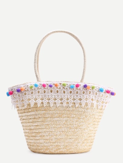 Lace Crochet Design Tote Bag With Pom Pom