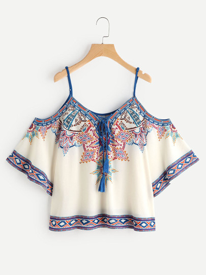 Open Shoulder Aztec Print Lace Up Top