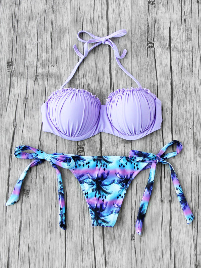Palm Tree Ruffle Detail Bustier Bikini Set