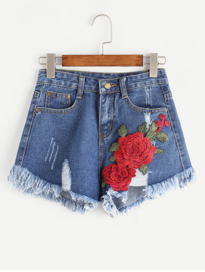 Appliques Frayed Hem Denim Shorts