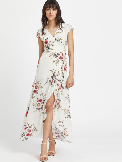 V Neckline Calico Print Slit Side Full Length Dress