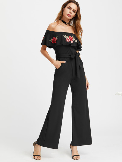 Embroidered Flower Patch Flounce Off Shoulder Belt Jumpsuit