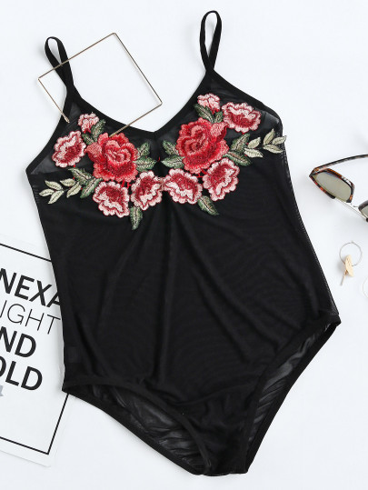 Embroidered Rose Appliques Slip Bodysuit
