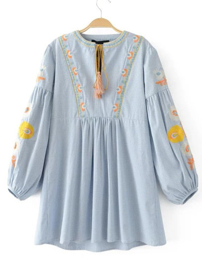 Drop Shoulder Seam Tassel Tie Embroidery Dress