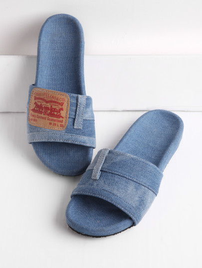 Patch Detail Denim Flat Slippers