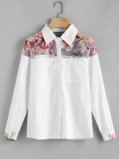 Bluse mit Rosemuster und Netzstoff