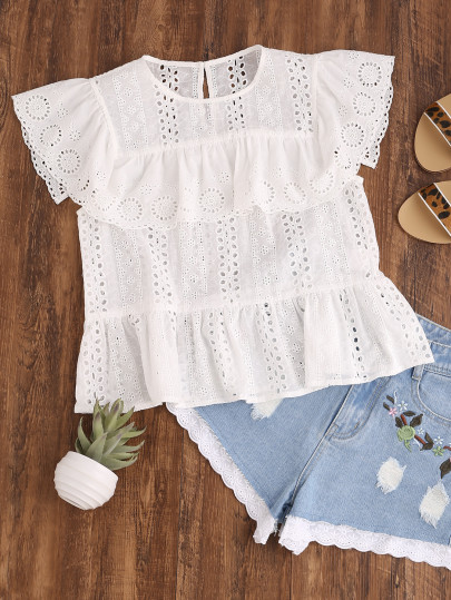 Ruffle Cap Sleeve Buttoned Keyhole Eyelet Embroidered Top