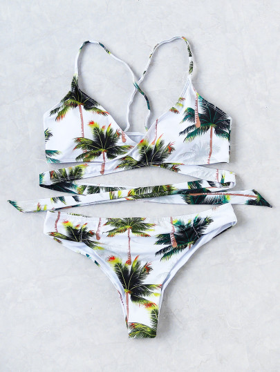 Sets de bikini cruzado con estampado de palmera