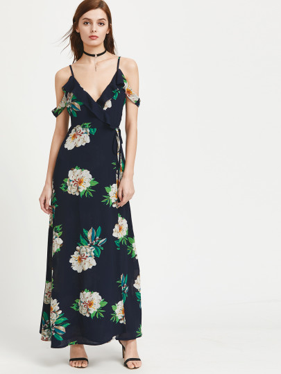 Cold Shoulder Florals Tie Back Frill Dress