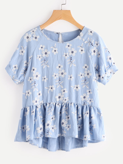 Botanical Print Raglan Sleeve Hi Lo Smock Top