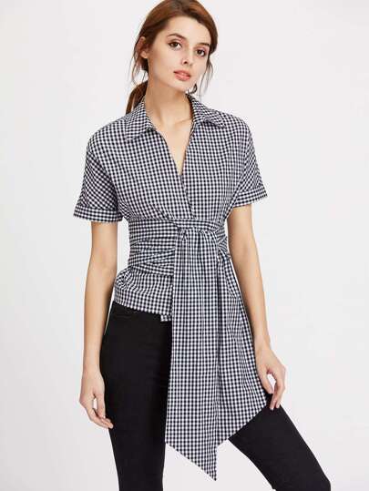 Collared Surplice Front Gingham Obi Belt Wrap Blouse