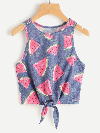 Tank Top de lunares con nudo delantero con estampado de sandía