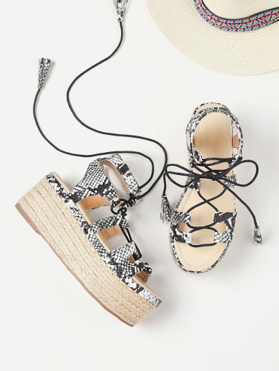 Snake Print Lace Up Espadrille Flatform Sandals