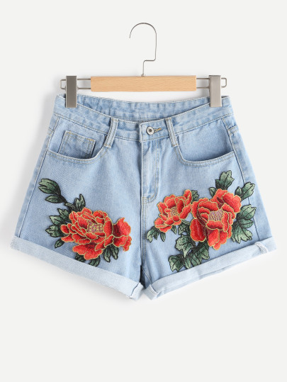 Shorts en denim de doblez aplique de flor
