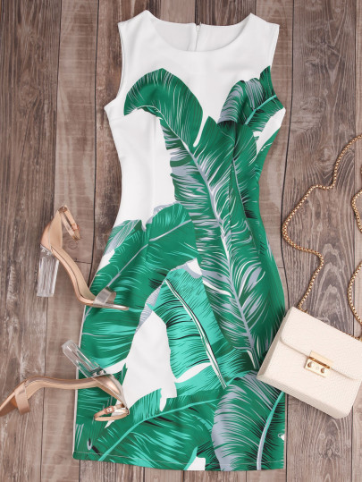 Vestido sin mangas de espalda con cremallera con estampado de hoja de palmera