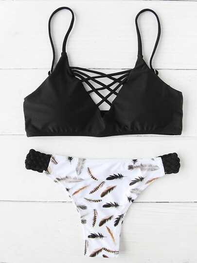 Feather Print Criss Cross Front Bikini Set