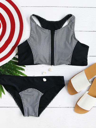 Bianco e nero stampato Zipper Up Racer Indietro Bikini