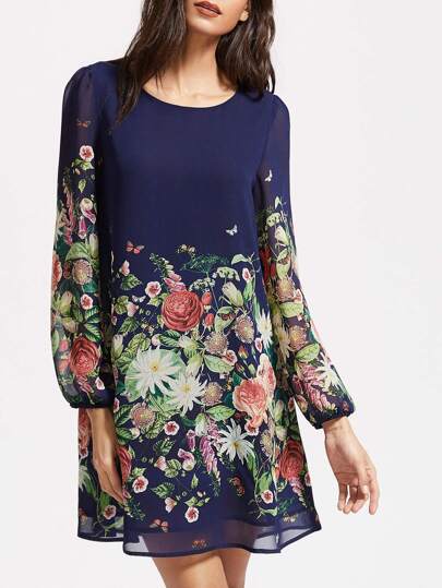 Fleur robe imprimée lanterne manches - bleu marine