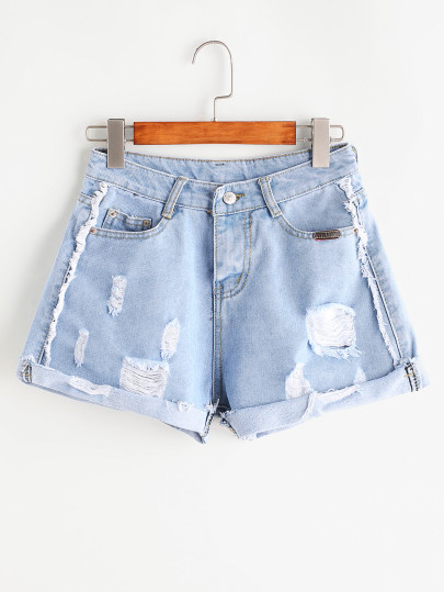Frayed Rolled Hem Denim Shorts