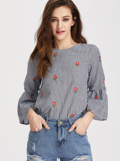 V Cut Tie Back Bell Sleeve Daisy Embroidered Checkered Top