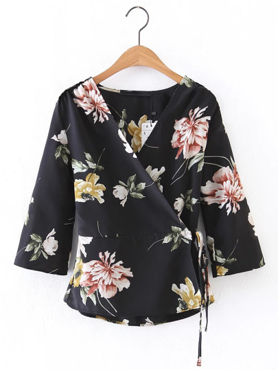 V-Neckline Floral Tie Waist Warp Top
